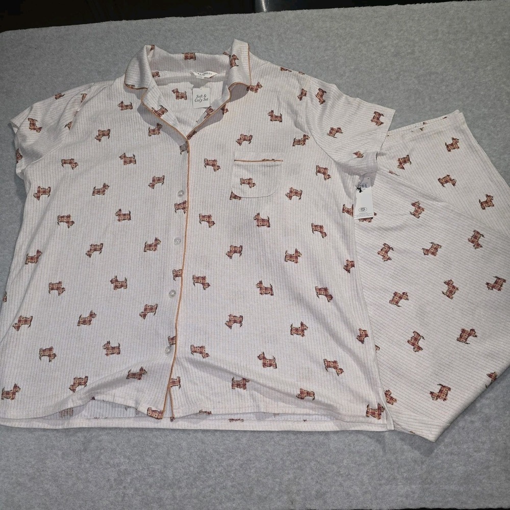 NWT LAURA ASHLEY 2PC Scottie Dog PJ Set Button Top W/Pocket Full Length Pant 3X